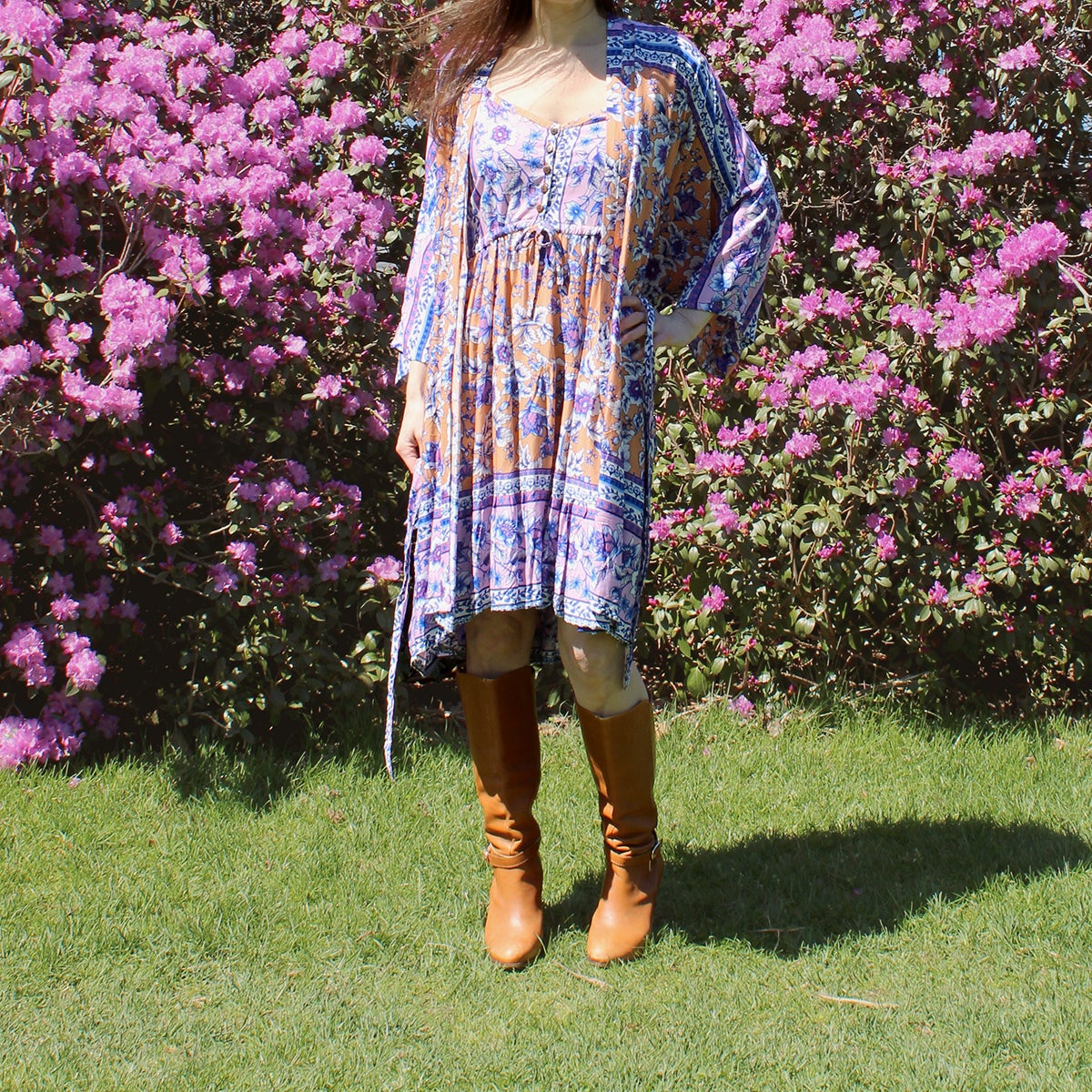 apricot purple dress Brush Spot Milkmaid Midi Dress