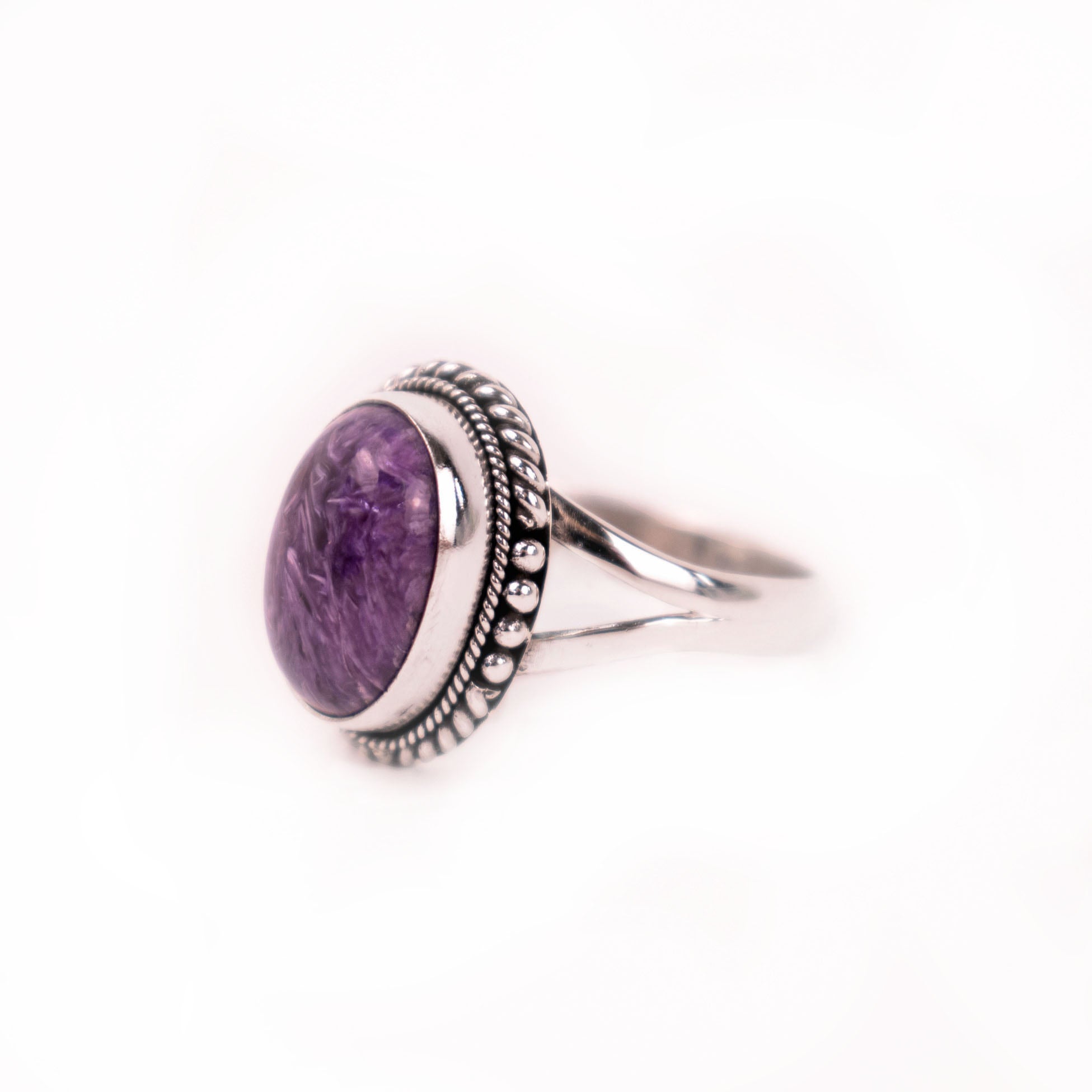 Charoite, top Amethyst and Pearl Ring, Size 7